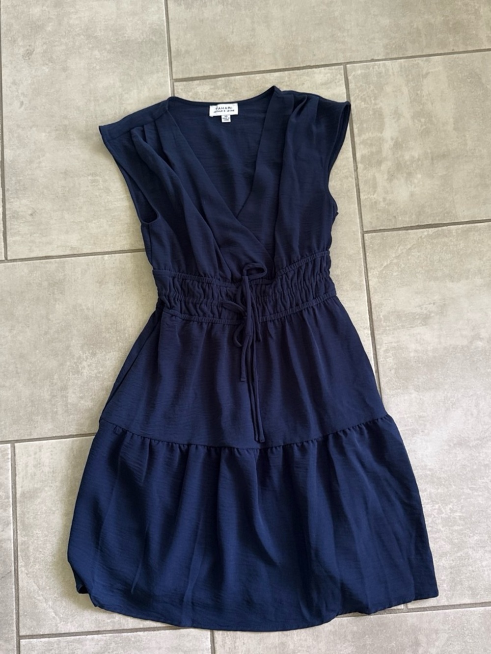 Tahari Navy V-Neck Tiered Midi Dress with Drawstring Waist